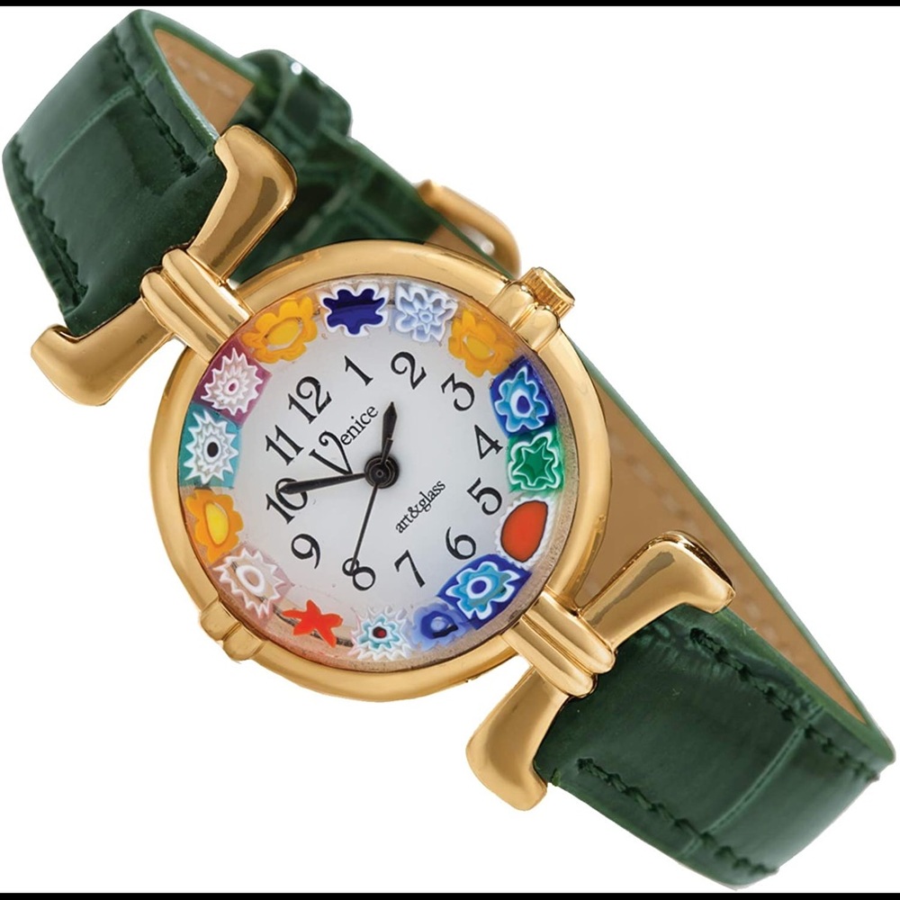 Stauer Venezia Murano Floral Glass Hunter Green Croc Leather Watch